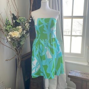 Lilly Pulitzer Lottie Strapless Mini Dress in Green Bean All Lit Up Print Sz 12